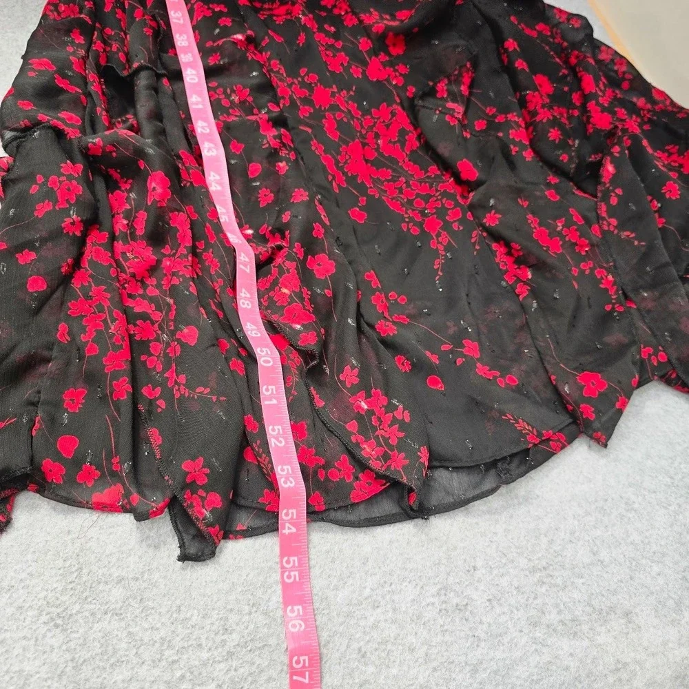 Ruffle Halter Maxi Dress L Black Red Floral Embellished Whimsigoth Fairy HOCO